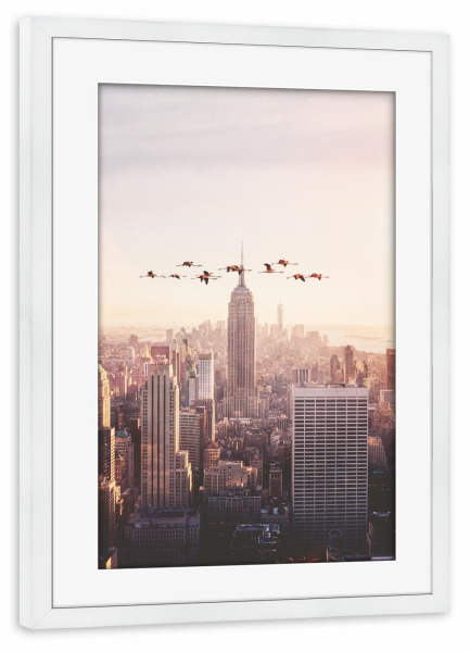 Poster mit Rahmen weiß "Flamingos in New York" artboxONE - Städte / New York,Reise,Tiere,Abstrakt,Fiktion