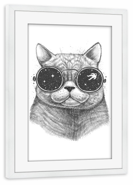 Poster mit Rahmen weiß "Space cat" artboxONE - Tiere,Schwarzweiß,Galaxy - Katze,Katzen,Tier,Tiere,Haustier,Brille,Weltraum,Universum,Sterne,Astronaut