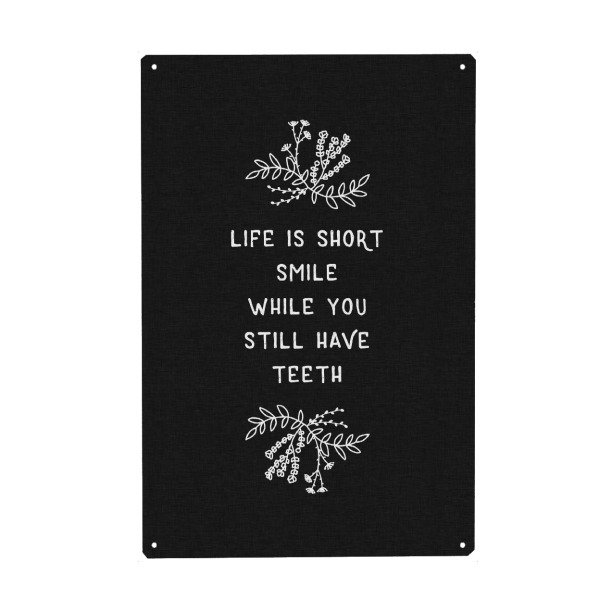 Holzbild "Life Is Short Smile BW" artboxONE - Typografie,Floral,Schwarzweiß,Lustig