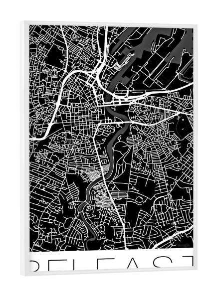 Poster mit weißem Rahmen "Retro Map of Belfast Black" artboxONE - Städte,Schwarzweiß,Kartografie - Retro,Map,Belfast,White,Black,Vintage