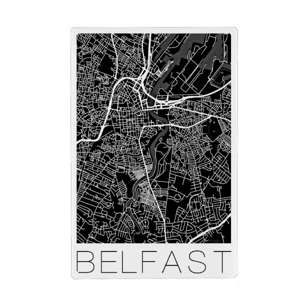 Holzbild "Retro Map of Belfast Black" artboxONE - Städte,Schwarzweiß,Kartografie - Retro,Map,Belfast,White,Black,Vintage