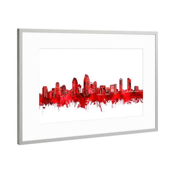 Poster mit Rahmen Silber "San diego city skyline red" artboxONE - Städte,Reise