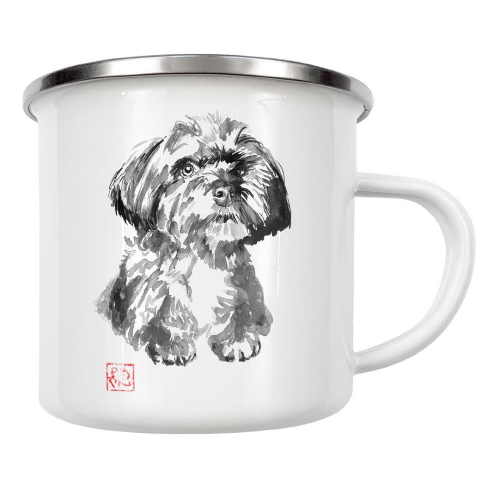 Emaille Tasse "Petit chien" artboxONE - Tiere,Schwarzweiß - Hund,Sumie,Japan,Tier,Schwarzweiß