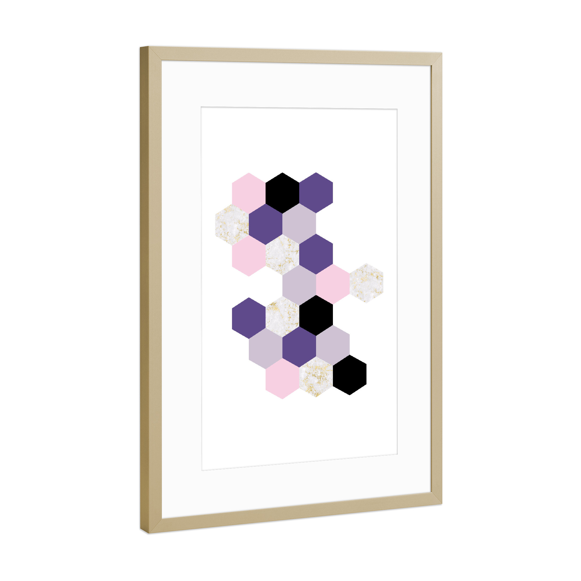 Poster mit Rahmen Gold "Geometric Hexagons Violet Marble" artboxONE - Abstrakt,Geometrie,Ultraviolet,Marmor