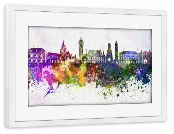 Poster mit Rahmen weiß "Calais skyline in watercolor" artboxONE - Städte,Reise,Abstrakt,Architektur