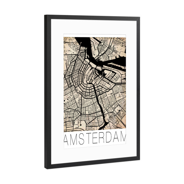 Poster mit Rahmen Schwarz (Metallic) "Retro Map Amsterdam" artboxONE - Städte,Schwarzweiß,Städte / Amsterdam,Kartografie