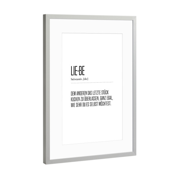 Poster mit Rahmen Silber "Lie-be" artboxONE - Typografie,Essen & Trinken,Schwarzweiß,Liebe,Lustig