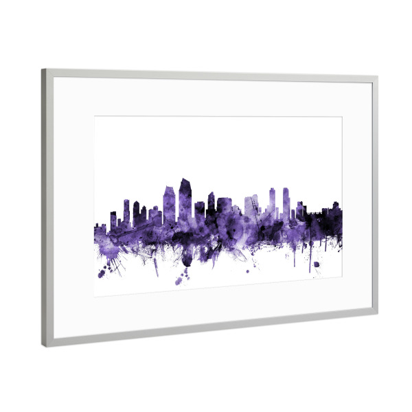 Poster mit Rahmen Silber "San Diego California Skyline" artboxONE - Städte,Reise,Ultraviolet,Städte / Weitere