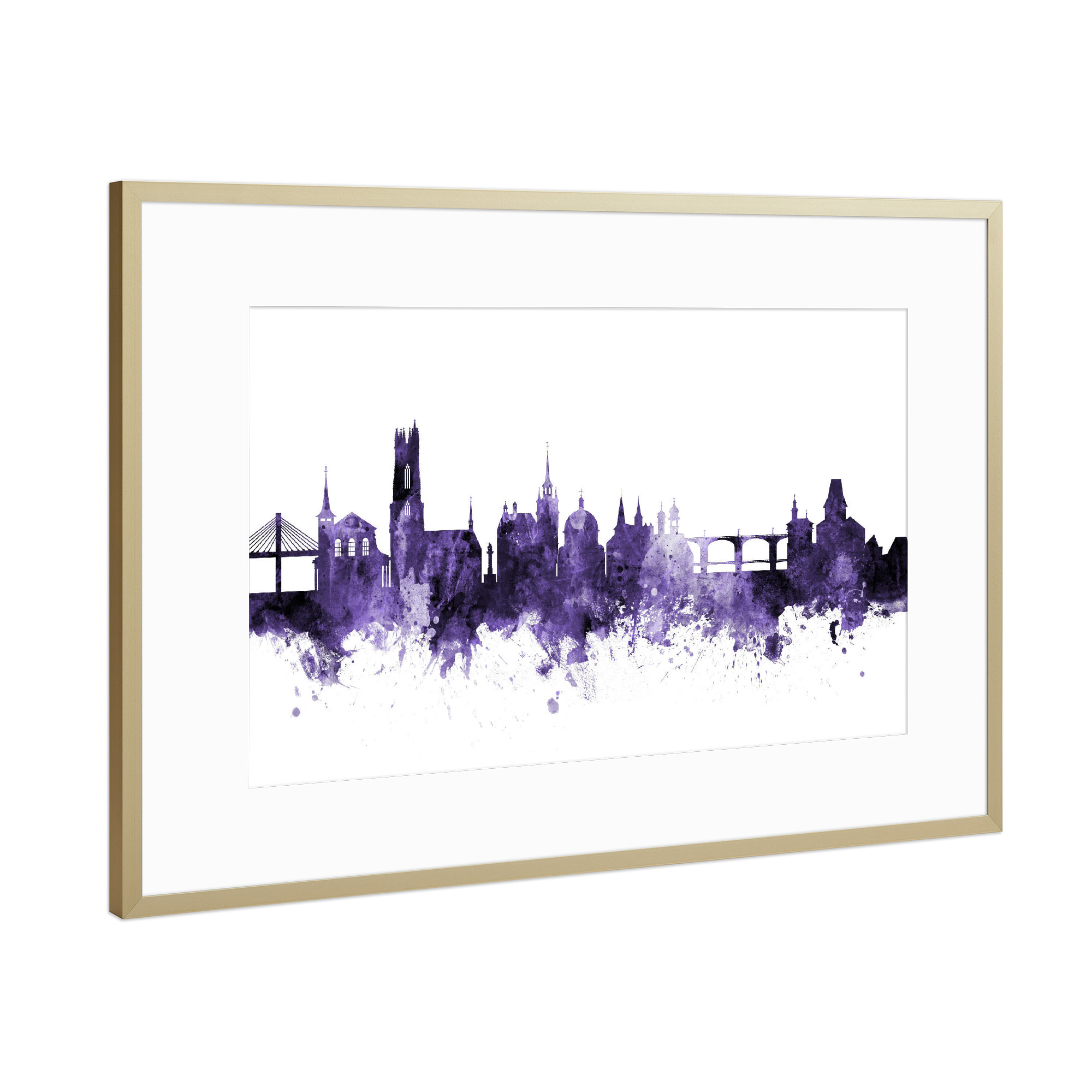 Poster mit Rahmen Gold "Fribourg Switzerland Skyline 3" artboxONE - Städte,Reise,Ultraviolet,Städte / Weitere