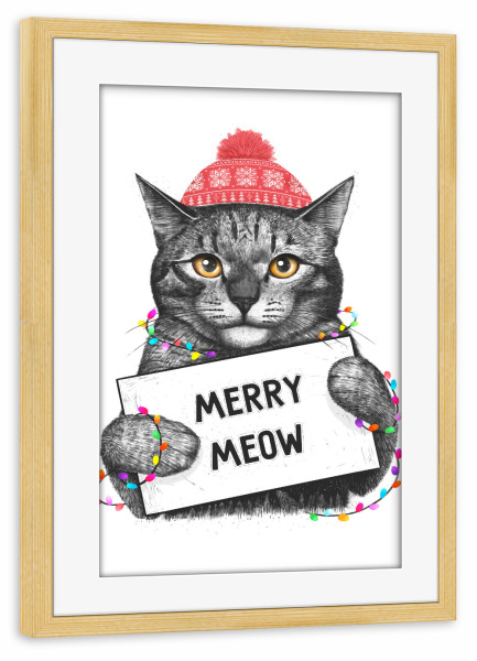Poster mit Rahmen kiefer "Merry Meow" artboxONE - Natur,Tiere,Comic,Menschen,Schwarzweiß,Liebe,Weihnachten,Lustig