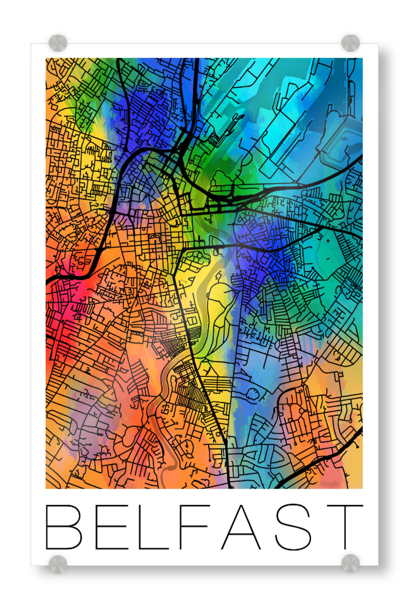 Acrylglasbild "Retro Map Belfast colour" artboxONE - Städte,Städte / Weitere,Kartografie - Retro,Map,Belfast,Watercolor,Ireland