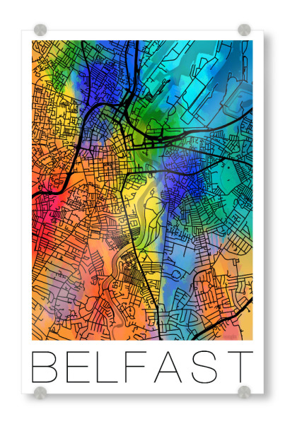 Acrylglasbild "Retro Map Belfast colour" artboxONE - Städte,Städte / Weitere,Kartografie - Retro,Map,Belfast,Watercolor,Ireland