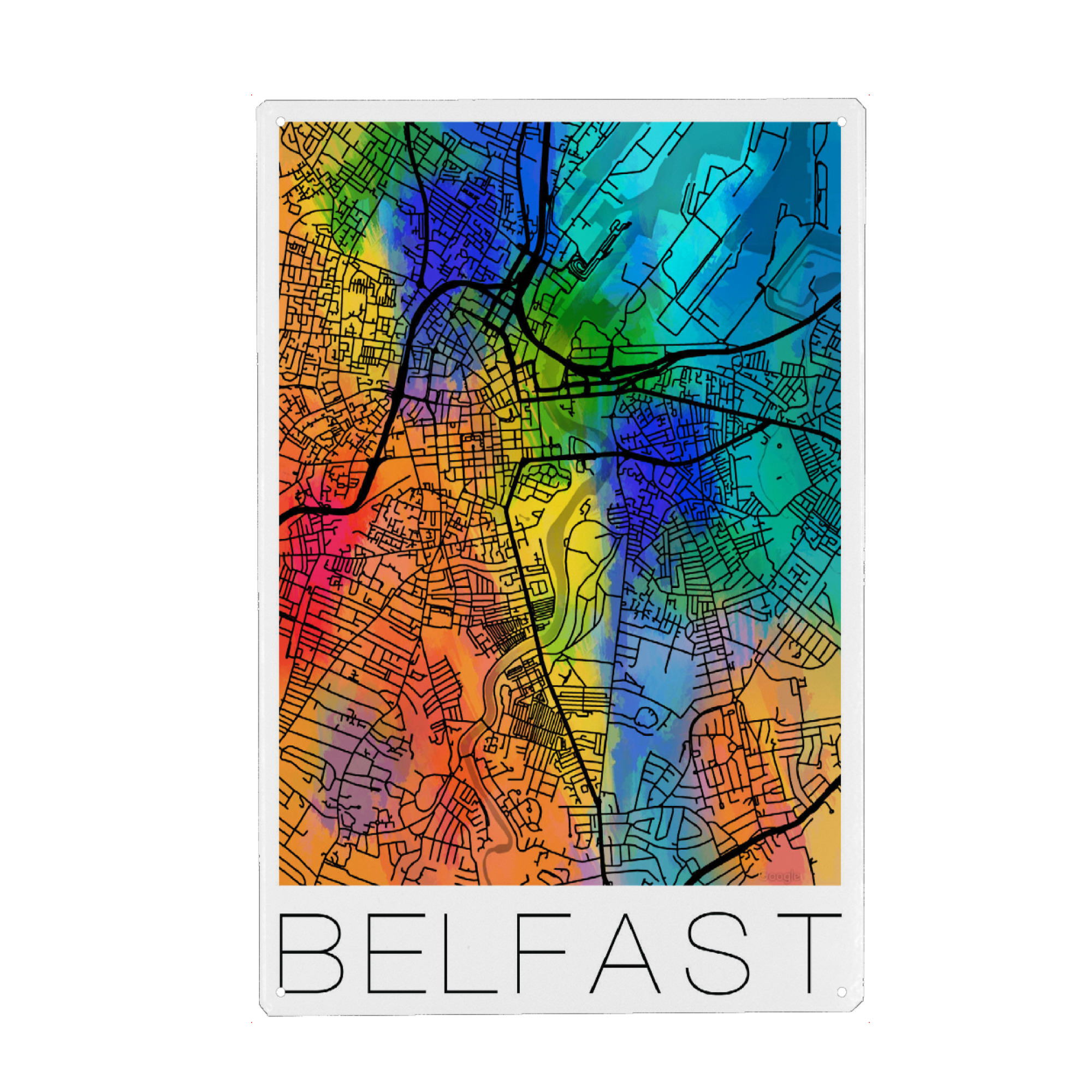 Holzbild "Retro Map Belfast colour" artboxONE - Städte,Städte / Weitere,Kartografie - Retro,Map,Belfast,Watercolor,Ireland