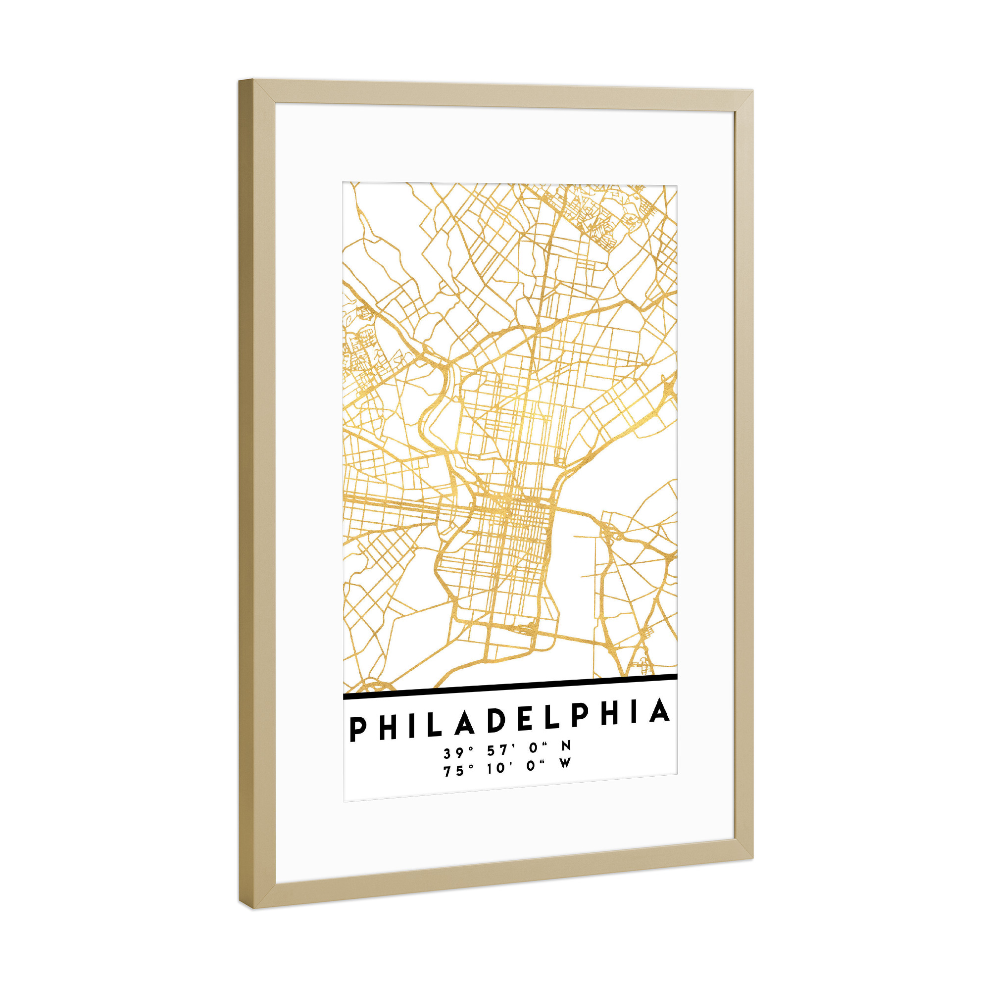 Poster mit Rahmen Gold "PHILADELPHIA PENNSYLVANIA MAP ART" artboxONE - Städte,Reise,Kartografie