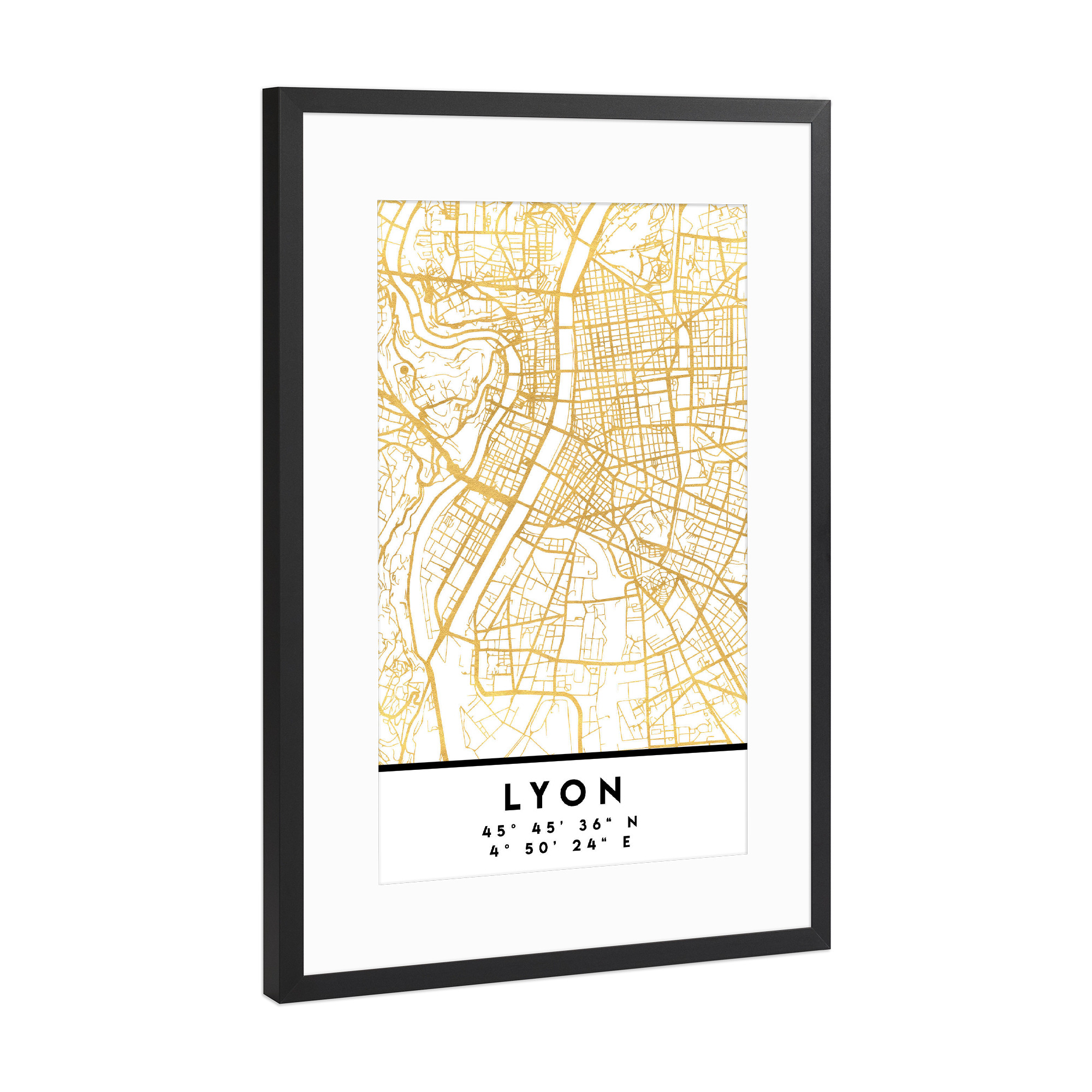Poster mit Rahmen Schwarz (Metallic) "LYON FRANCE STREET MAP ART" artboxONE - Städte,Reise,Kartografie