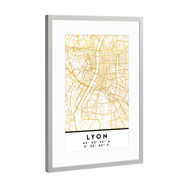 Poster mit Rahmen Silber "LYON FRANCE STREET MAP ART" artboxONE - Städte,Reise,Kartografie