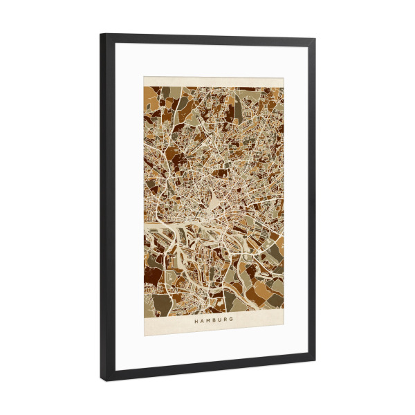 Poster mit Rahmen Schwarz (Metallic) "Hamburg Germany City Map brown" artboxONE - Städte / Berlin,Reise,Kartografie