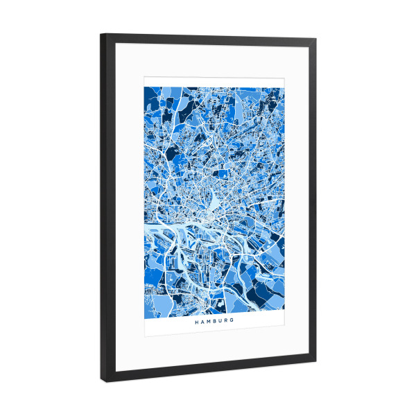 Poster mit Rahmen Schwarz (Metallic) "Hamburg Germany City Map blue" artboxONE - Städte / Berlin,Reise,Kartografie
