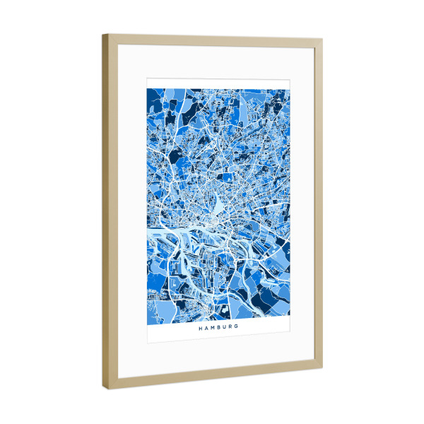 Poster mit Rahmen Gold "Hamburg Germany City Map blue" artboxONE - Städte / Berlin,Reise,Kartografie