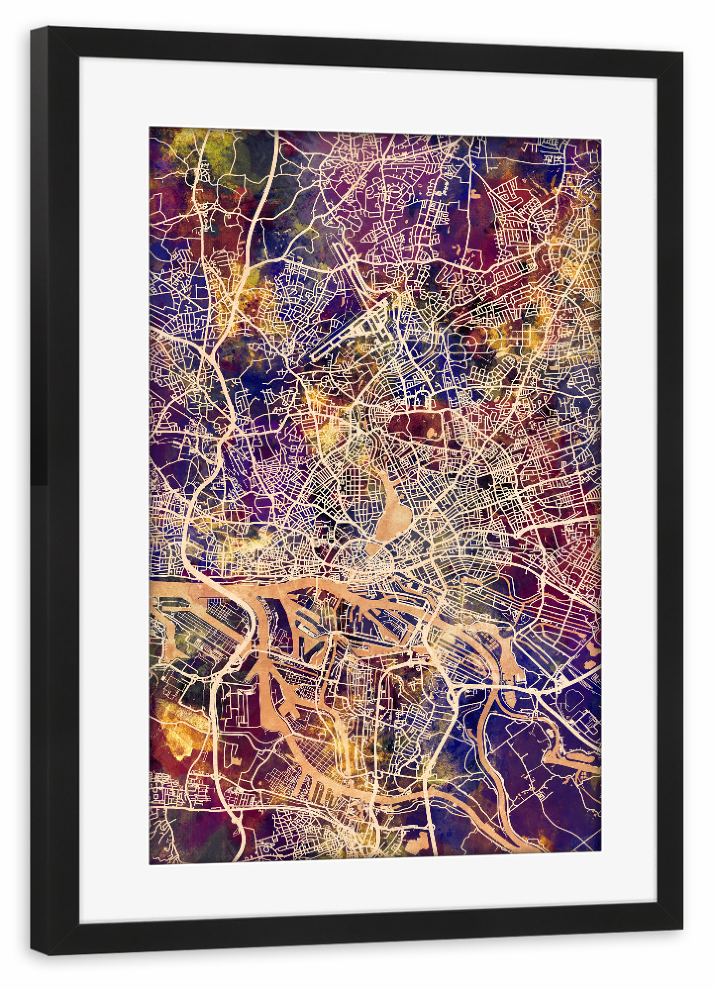 Poster mit Rahmen schwarz "Hamburg Germany City Map purple" artboxONE - Städte / Hamburg,Reise,Kartografie