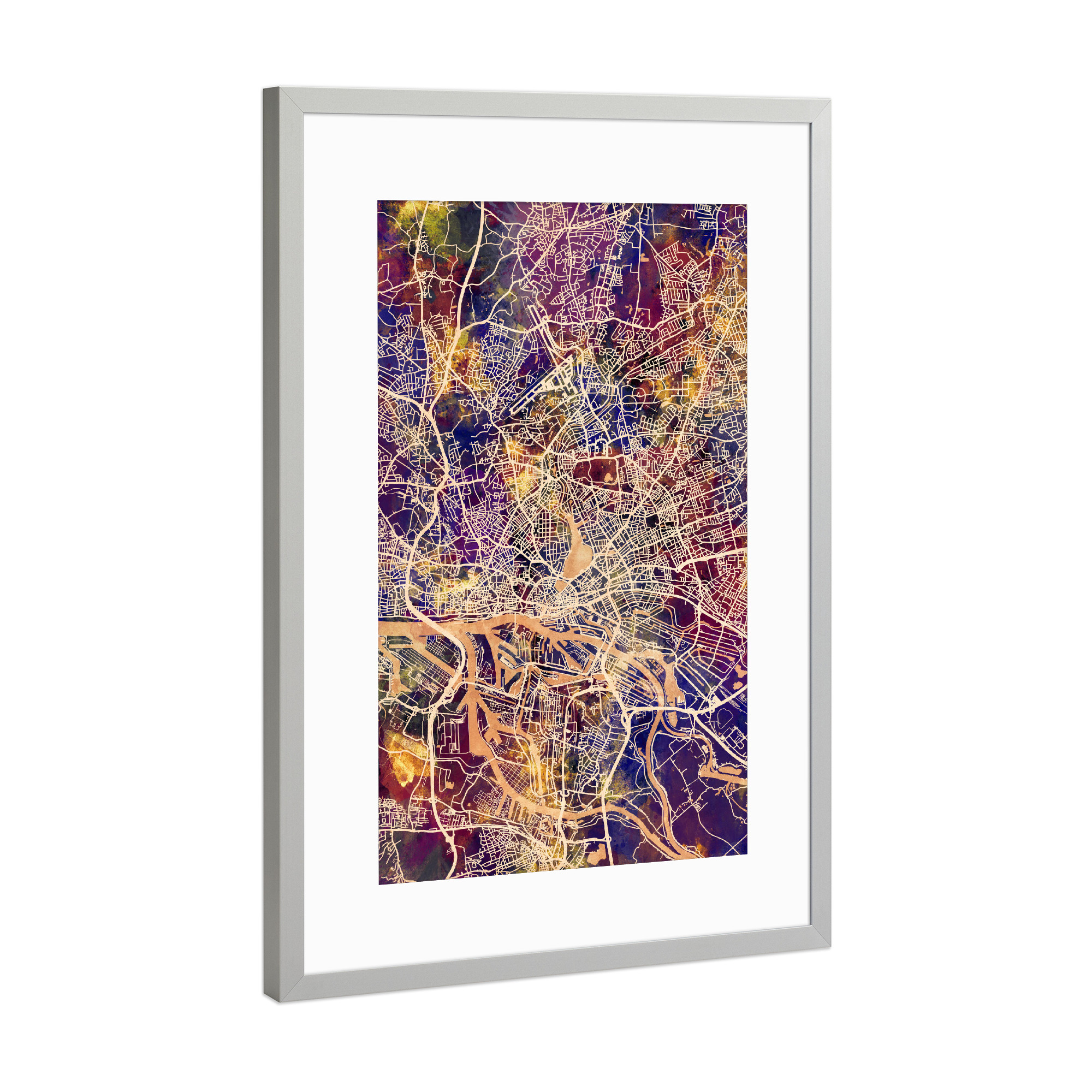 Poster mit Rahmen Silber "Hamburg Germany City Map purple" artboxONE - Städte / Hamburg,Reise,Kartografie