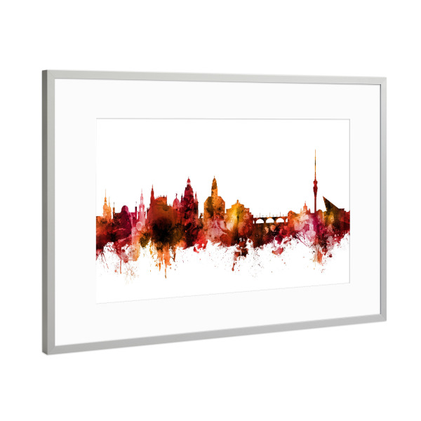 Poster mit Rahmen Silber "Dresden Germany Skyline Red" artboxONE - Städte,Reise,Städte / Dresden