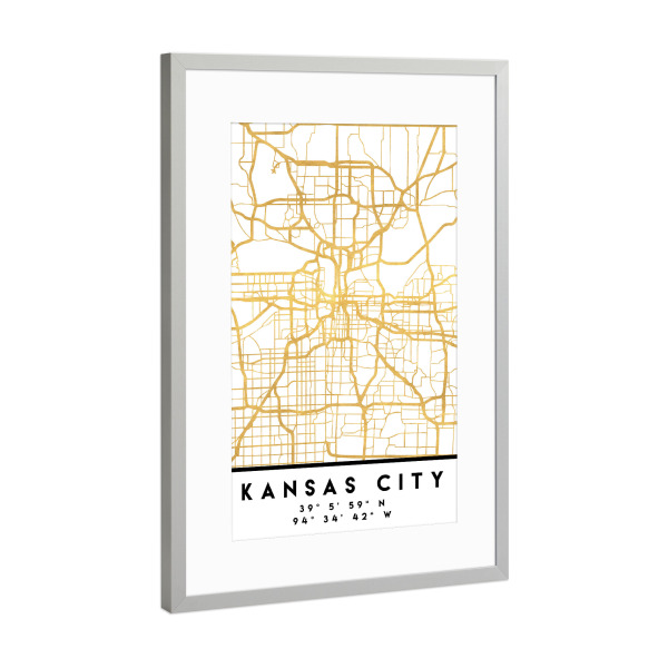 Poster mit Rahmen Silber "KANSAS CITY MISSOURI STRET MAP ART" artboxONE - Städte,Reise,Kartografie