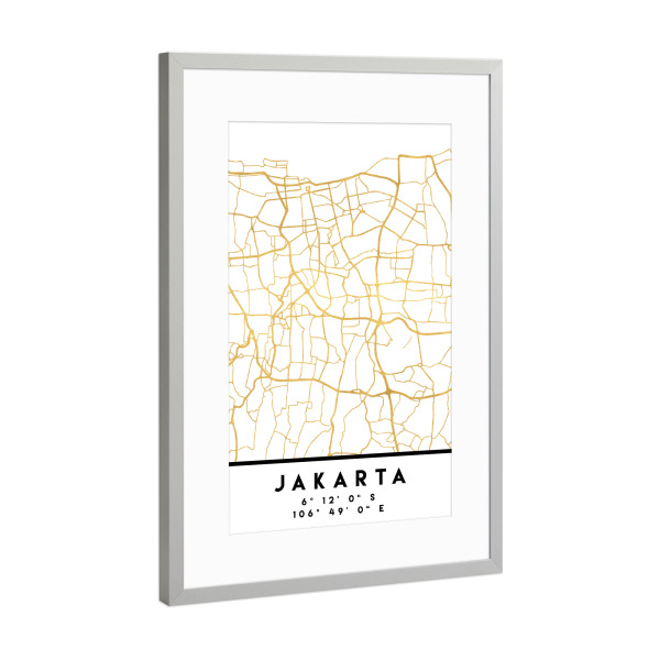 Poster mit Rahmen Silber "JAKARTA INDONESIA STREET MAP ART" artboxONE - Städte,Reise,Kartografie