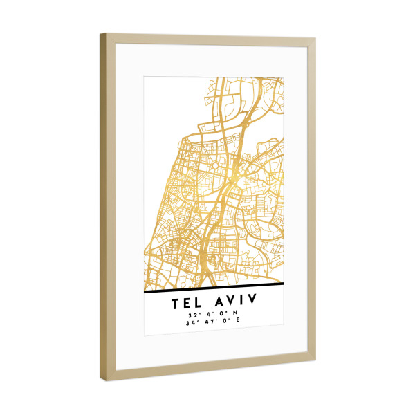 Poster mit Rahmen Gold "TEL AVIV ISRAEL STREET MAP ART" artboxONE - Städte,Reise,Kartografie
