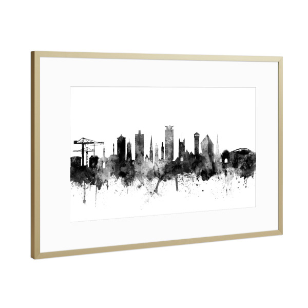 Poster mit Rahmen Gold "Plymouth England Skyline bw" artboxONE - Städte,Reise,Schwarzweiß