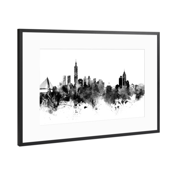 Poster mit Rahmen Schwarz (Metallic) "Taipei Taiwan Skyline bw" artboxONE - Städte,Reise,Schwarzweiß
