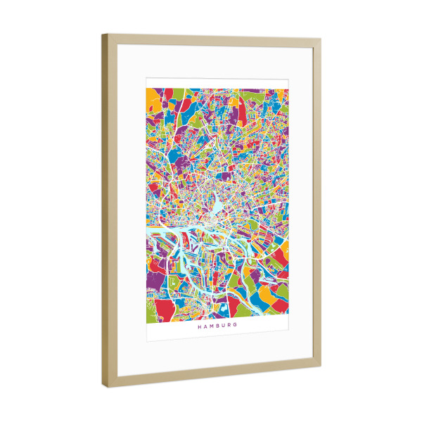 Poster mit Rahmen Gold "Hamburg Germany City Map colours" artboxONE - Städte / Berlin,Reise,Kartografie