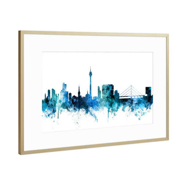 Poster mit Rahmen Gold "Düsseldorf Germany Skyline Blue" artboxONE - Städte,Reise,Städte / Düsseldorf