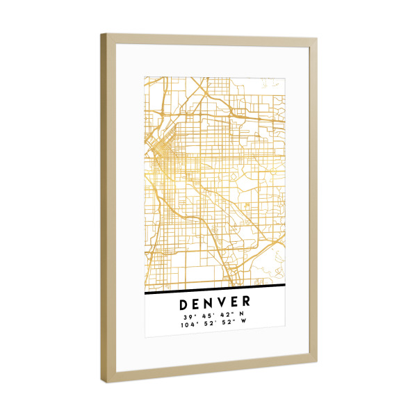 Poster mit Rahmen Gold "DENVER COLORADO STREET MAP ART" artboxONE - Städte,Reise,Kartografie