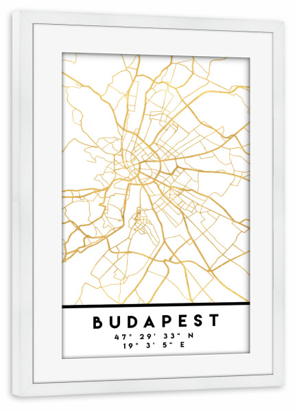 Poster mit Rahmen weiß "BUDAPEST HUNGARY STREET MAP ART" artboxONE - Städte,Reise,Städte / Budapest,Kartografie