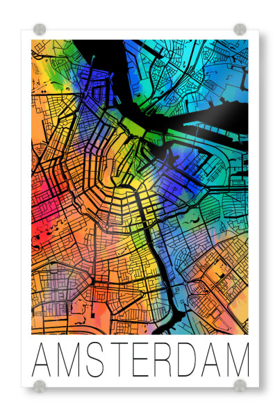 Acrylglasbild "Retro Map Amsterdam Color" artboxONE - Städte,Städte / Amsterdam,Kartografie - Retro,Map,Amsterdam,Watercolor