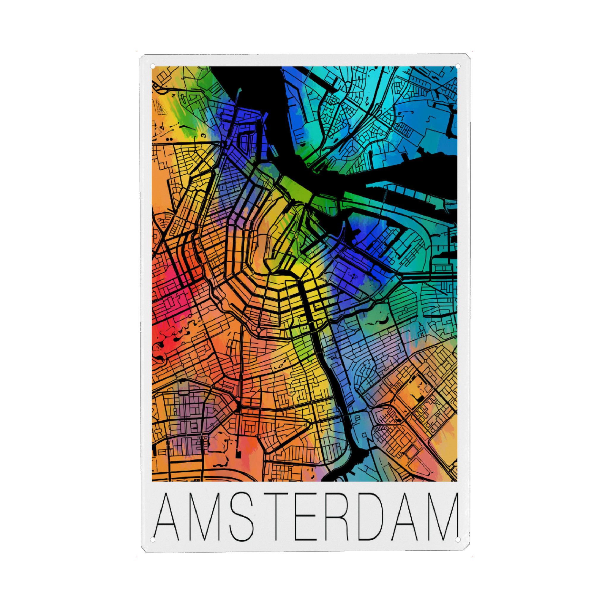 Metall Poster "Retro Map Amsterdam Color" artboxONE - Städte,Städte / Amsterdam,Kartografie - Retro,Map,Amsterdam,Watercolor - Blechschild