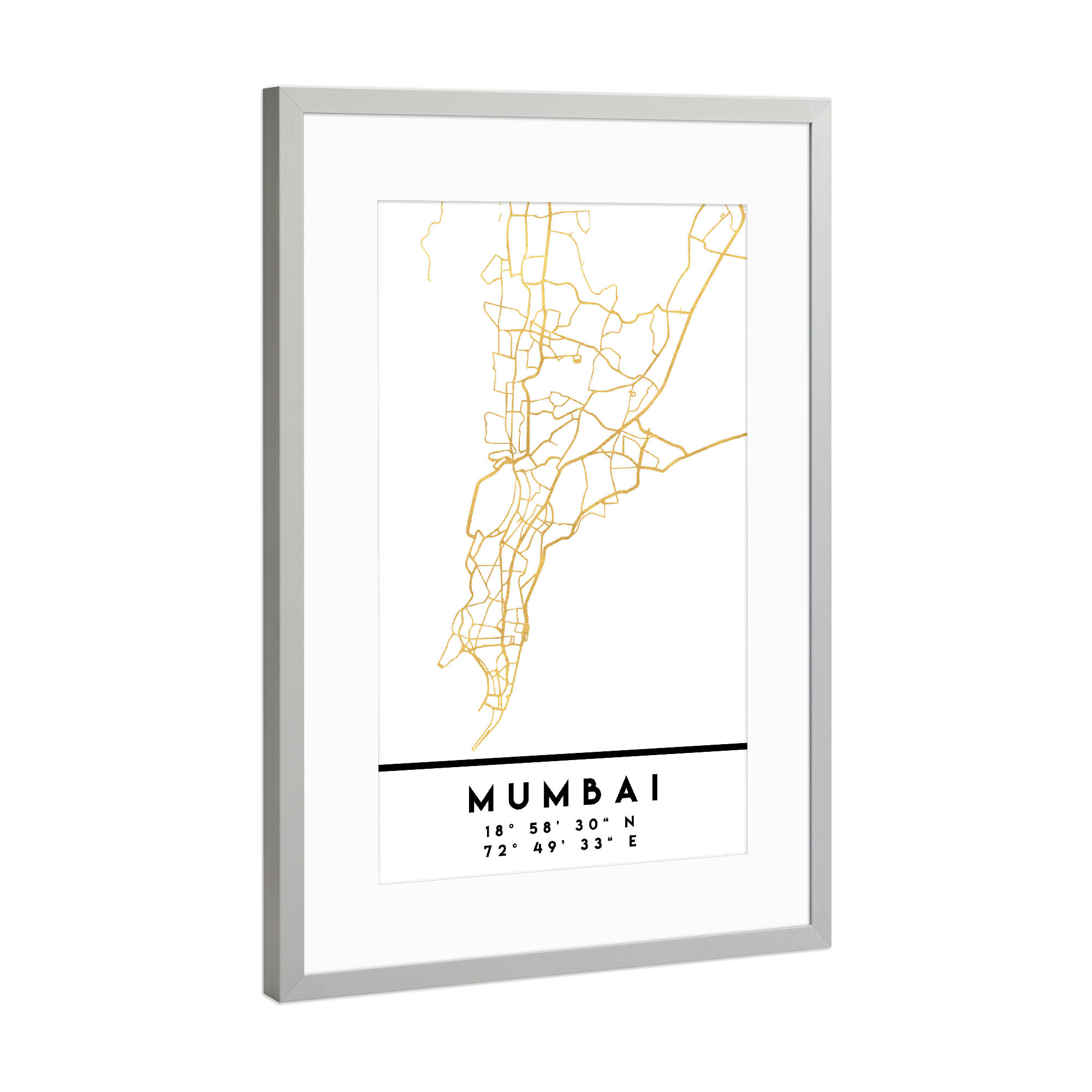 Poster mit Rahmen Silber "MUMBAI INDIA STREET MAP ART" artboxONE - Städte,Reise,Kartografie