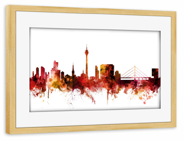 Poster mit Rahmen kiefer "Düsseldorf Germany Skyline red" artboxONE - Städte,Reise,Städte / Düsseldorf