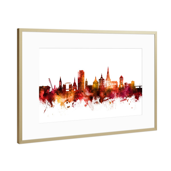 Poster mit Rahmen Gold "Rostock Germany Skyline Red" artboxONE - Städte,Reise,Städte / Weitere