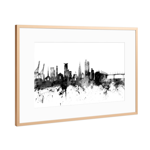 Poster mit Rahmen Kupfer "Southampton England Skyline bw" artboxONE - Städte,Reise,Schwarzweiß