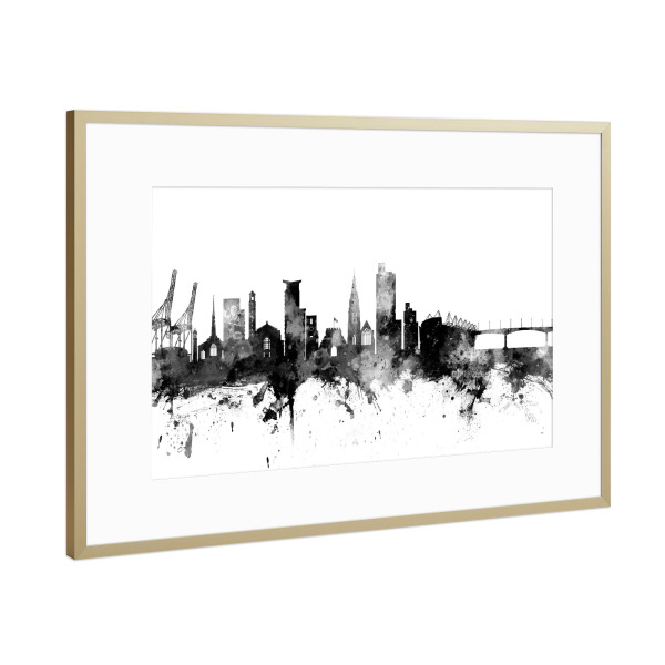 Poster mit Rahmen Gold "Southampton England Skyline bw" artboxONE - Städte,Reise,Schwarzweiß