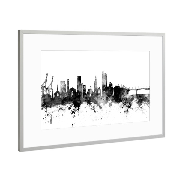Poster mit Rahmen Silber "Southampton England Skyline bw" artboxONE - Städte,Reise,Schwarzweiß