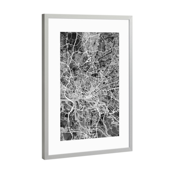 Poster mit Rahmen Silber "Hamburg Germany City Map bw" artboxONE - Städte,Städte / Hamburg,Reise,Schwarzweiß,Kartografie