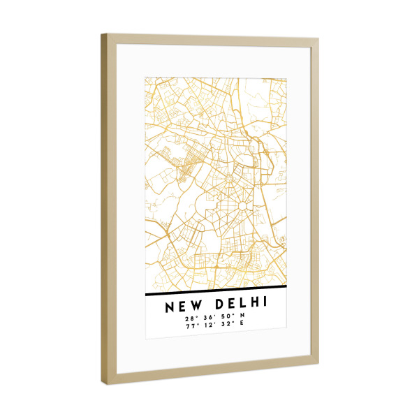 Poster mit Rahmen Gold "NEW DELHI INDIA STREET MAP ART" artboxONE - Reise,Reise / Asien,Kartografie