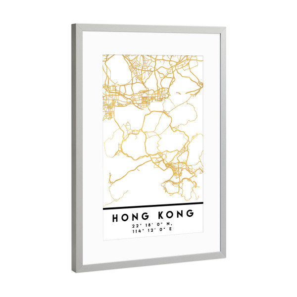 Poster mit Rahmen Silber "HONG KONG CHINA STREET MAP ART" artboxONE - Städte,Reise,Kartografie