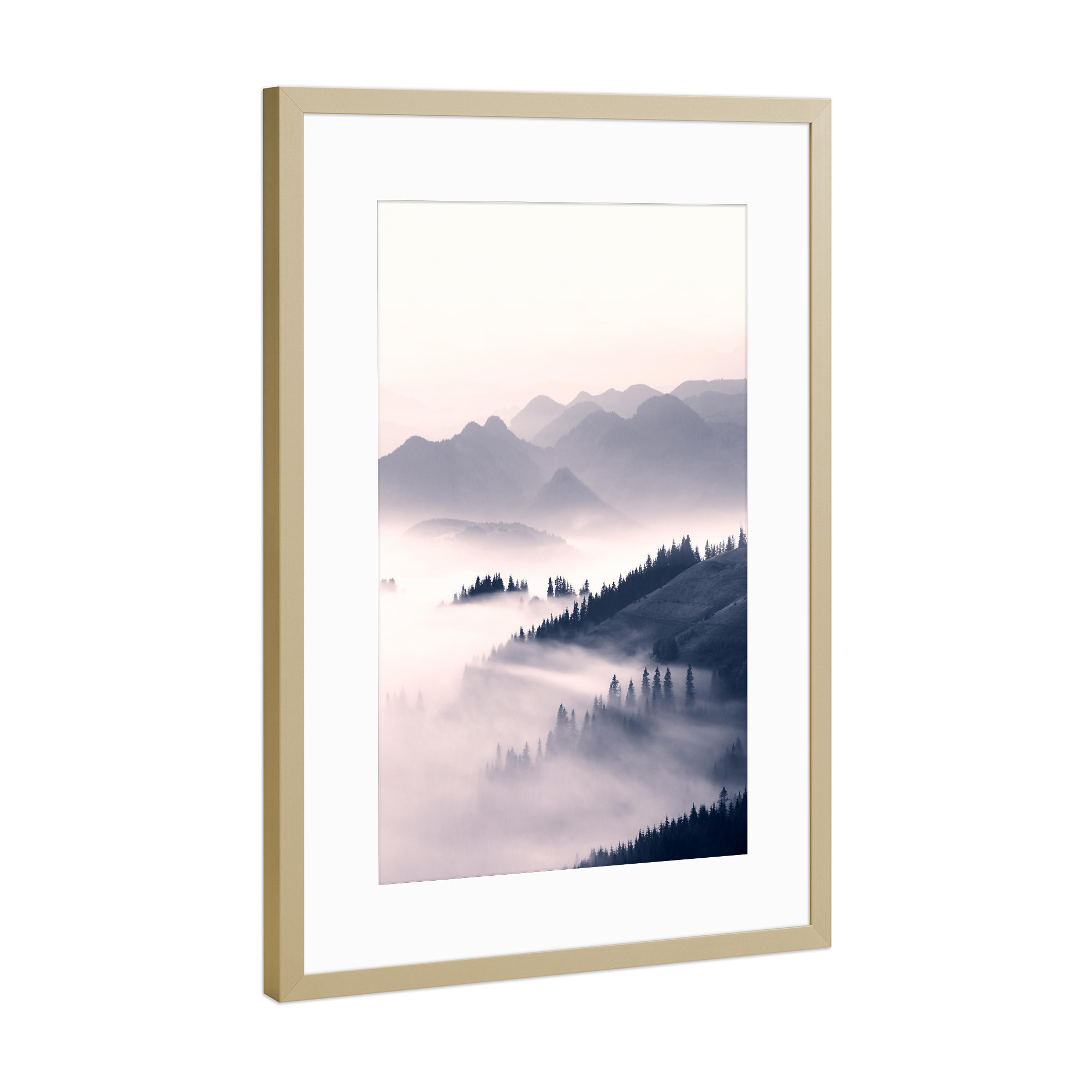 Poster mit Rahmen Gold "Morning Sun" artboxONE - Natur,Reise - Wald,Skandinavisch,Landschaft,Reise,Fotografie,Sonnig,Morgen,Sonnenaufgang,Berge