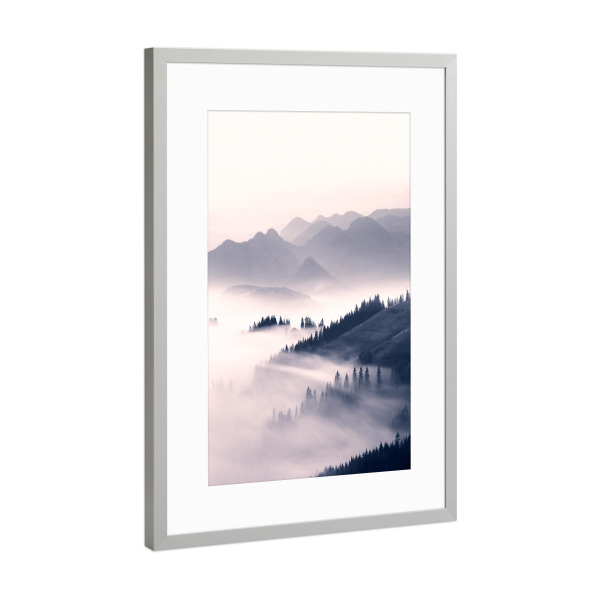 Poster mit Rahmen Silber "Morning Sun" artboxONE - Natur,Reise - Wald,Skandinavisch,Landschaft,Reise,Fotografie,Sonnig,Morgen,Sonnenaufgang,Berge