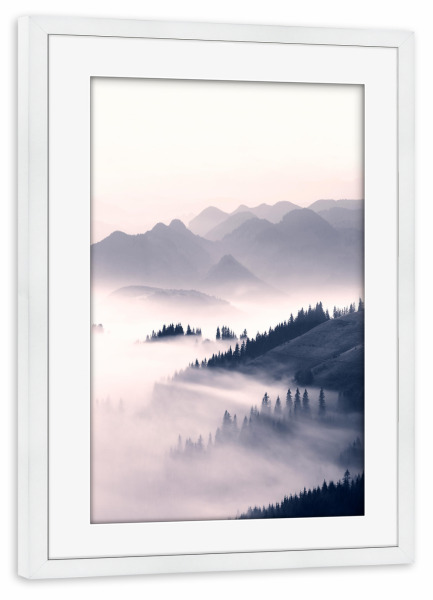 Poster mit Rahmen weiß "Morning Sun" artboxONE - Natur,Reise - Wald,Skandinavisch,Landschaft,Reise,Fotografie,Sonnig,Morgen,Sonnenaufgang,Berge