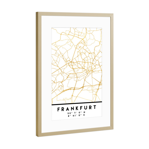 Poster mit Rahmen Gold "FRANKFURT GERMANY STREET MAP ART" artboxONE - Städte,Reise,Städte / Frankfurt,Kartografie